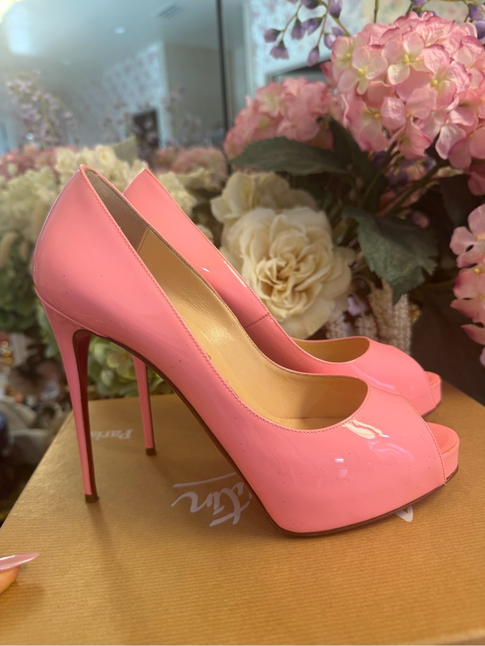 Christian Louboutin Pink Patent Peep-Toe Pumps
